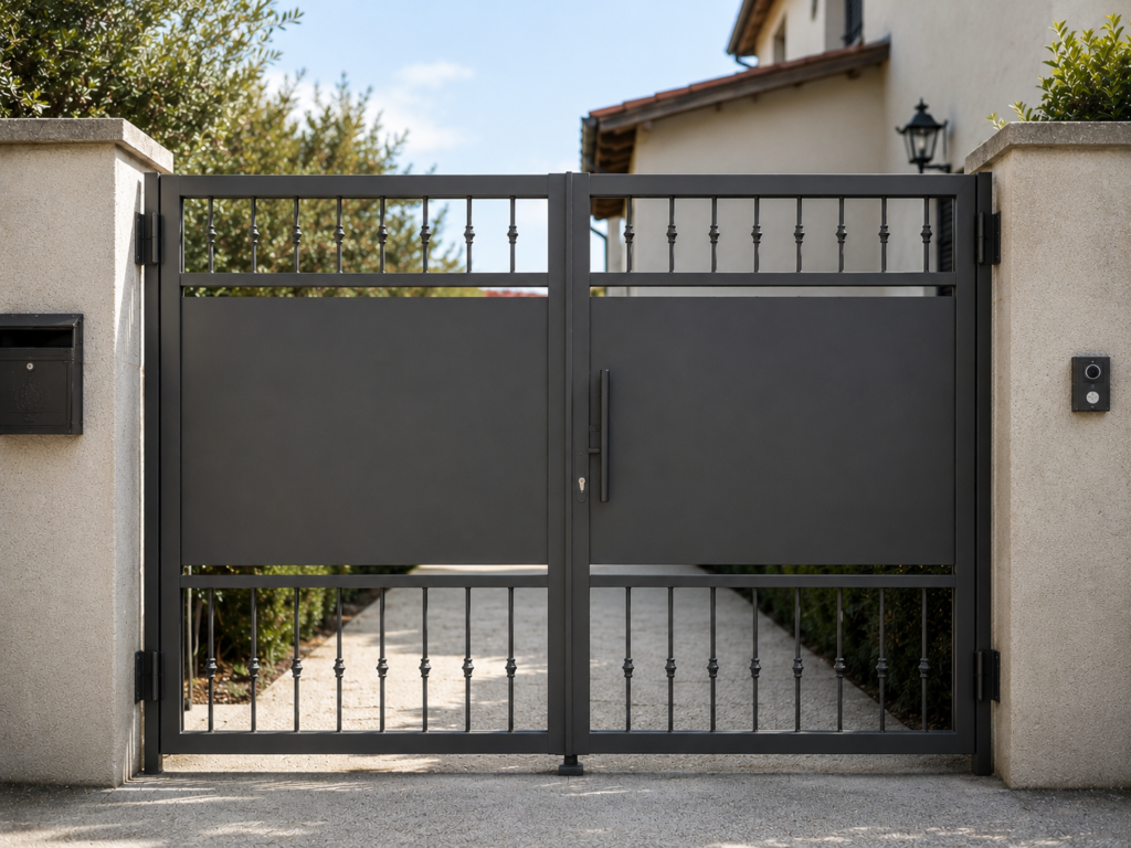 puerta metálica minimalista y ornamentada